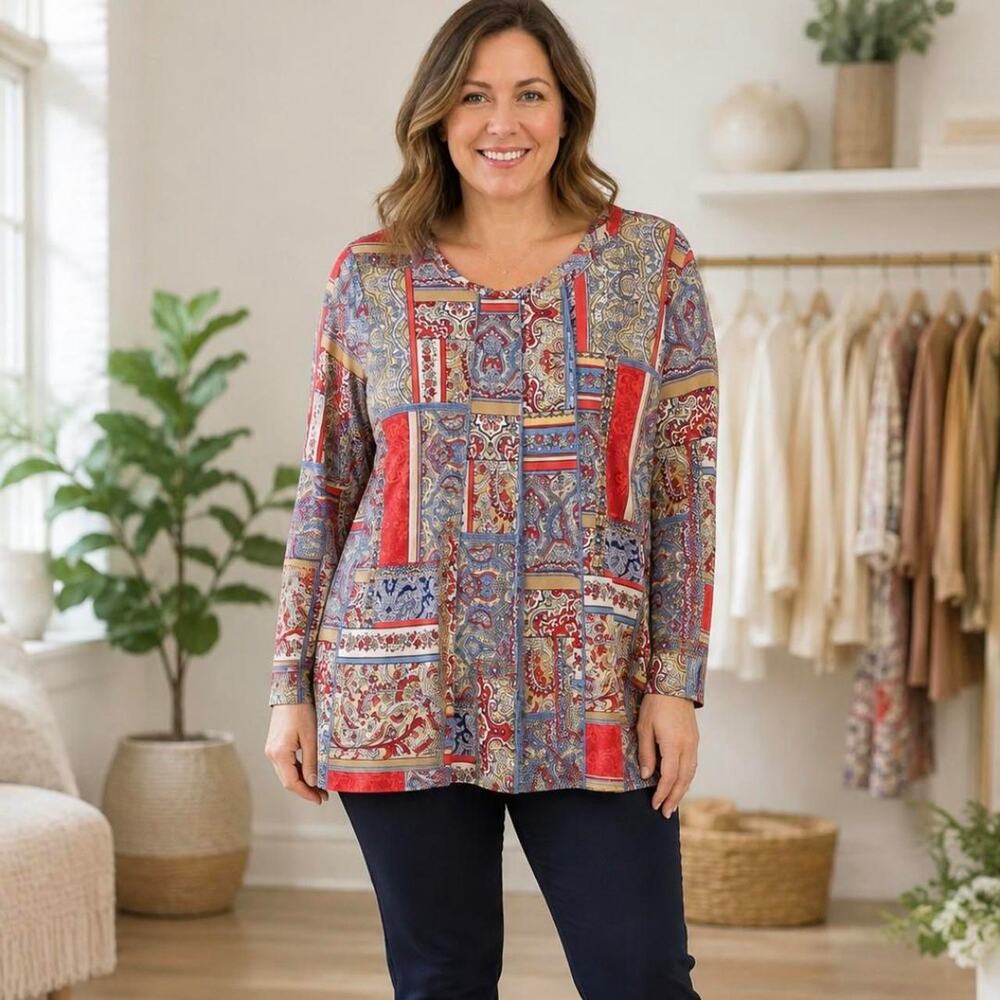 Printed Patchwork Long-Sleeve Blouse - Red Multi